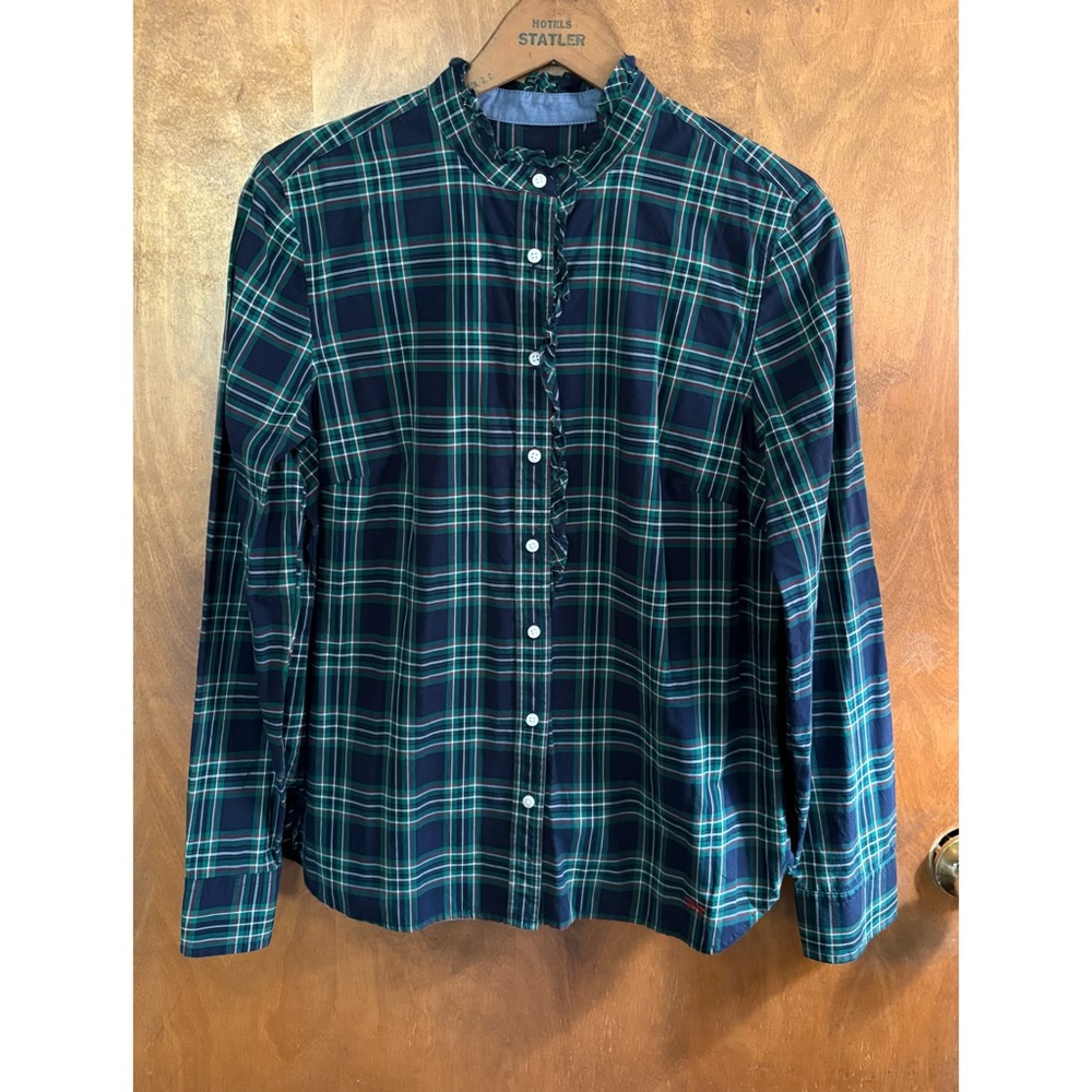 Talbots Green Blue Plaid Button Down Blouse Top 12 Ruffle High Neck Modest Fall
